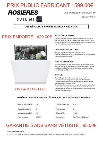 Lave vaisselle blanc intégrable de 60x80 cm Rosière